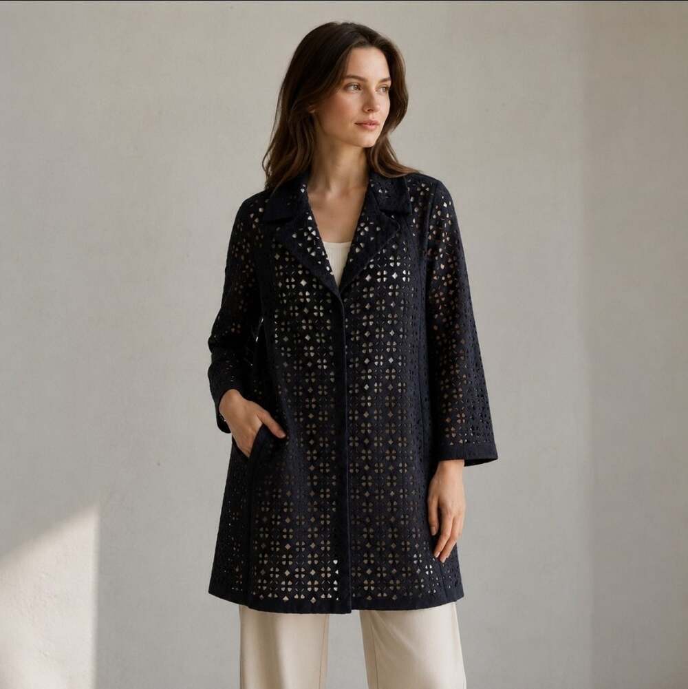 Elie Tahari Sz XS Eyelet Laser-Cut Geometric Midi Coat Black Luxury Wool Blend